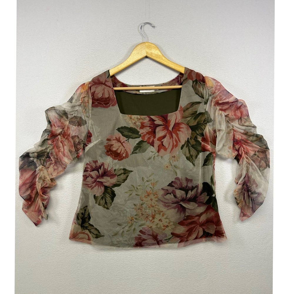 Fairycore Romantic Cover Story Womens XL Olive Floral Mesh Ruched Sleeve Top